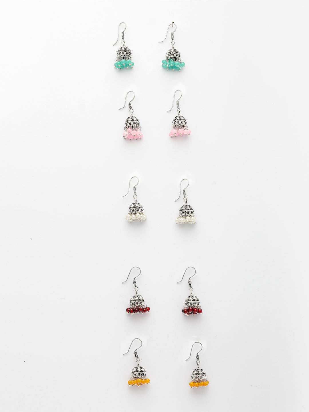 NVR Women's Pair of 5 Oxidized Silver Plated Multicolor Artificial Beads Jhumka Earrings NR Retail-NVR