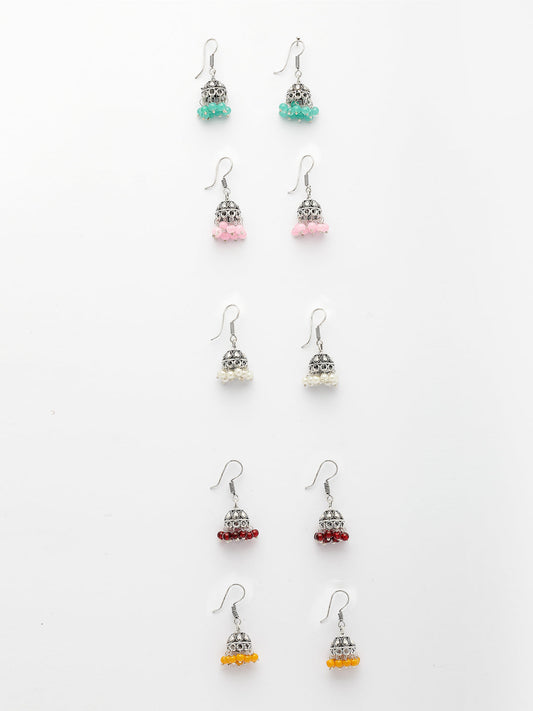 NVR Women's Pair of 5 Oxidized Silver Plated Multicolor Artificial Beads Jhumka Earrings NR Retail-NVR