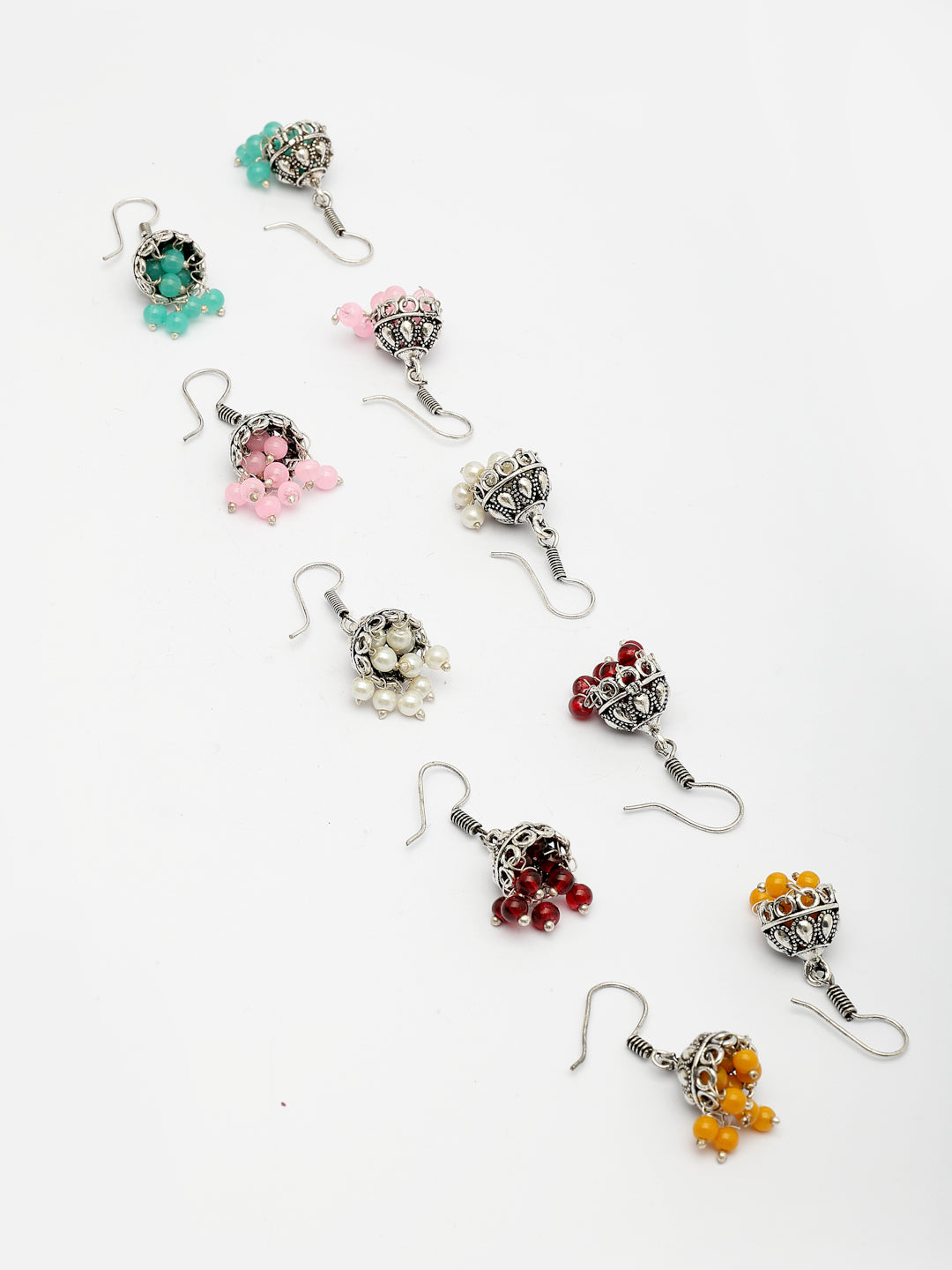 NVR Women's Pair of 5 Oxidized Silver Plated Multicolor Artificial Beads Jhumka Earrings NR Retail-NVR