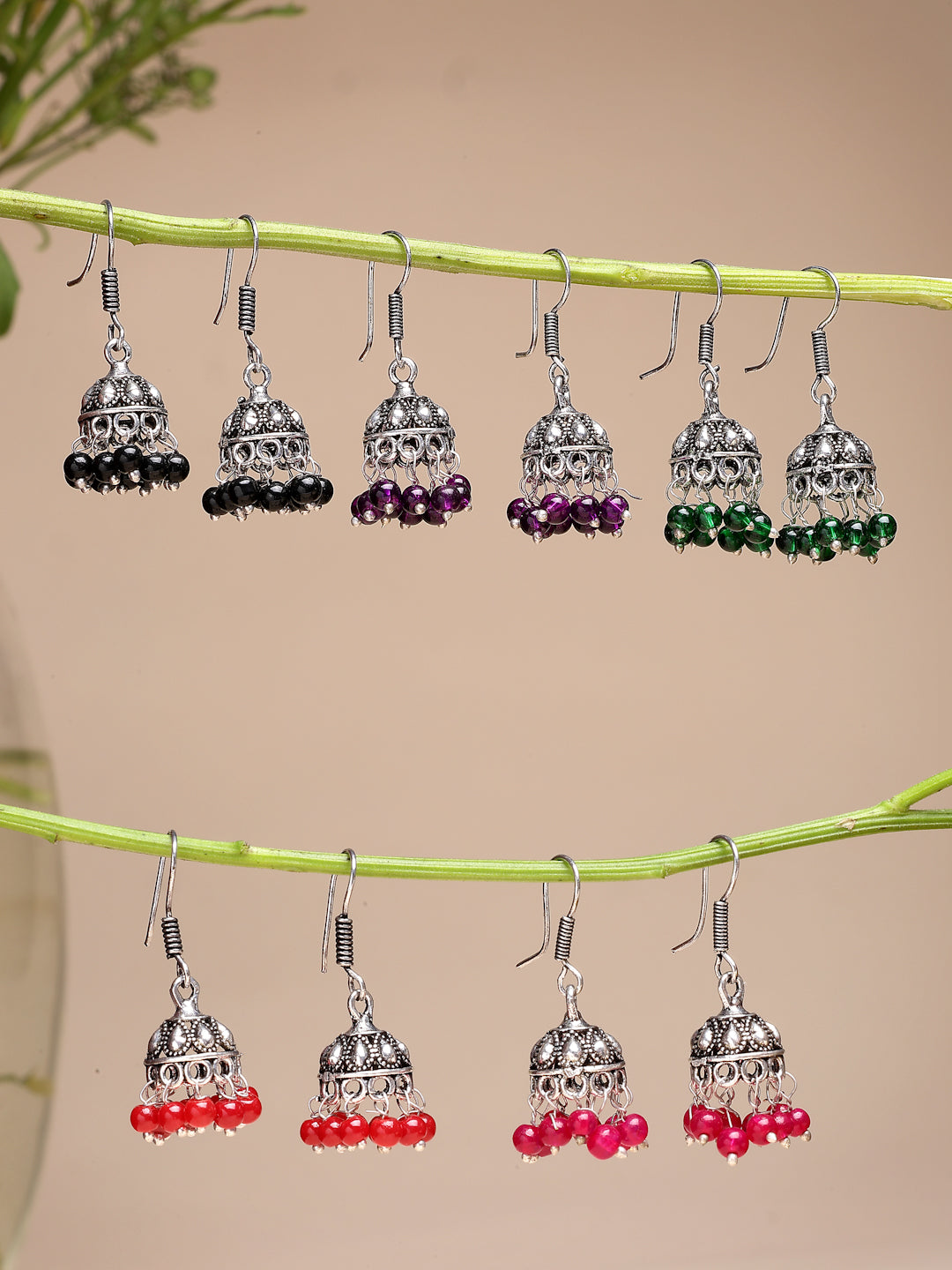 NVR Women Pair of 5 Oxidized Silver Plated Multicolor Artificial Beads Jhumka Earrings NR Retail-NVR