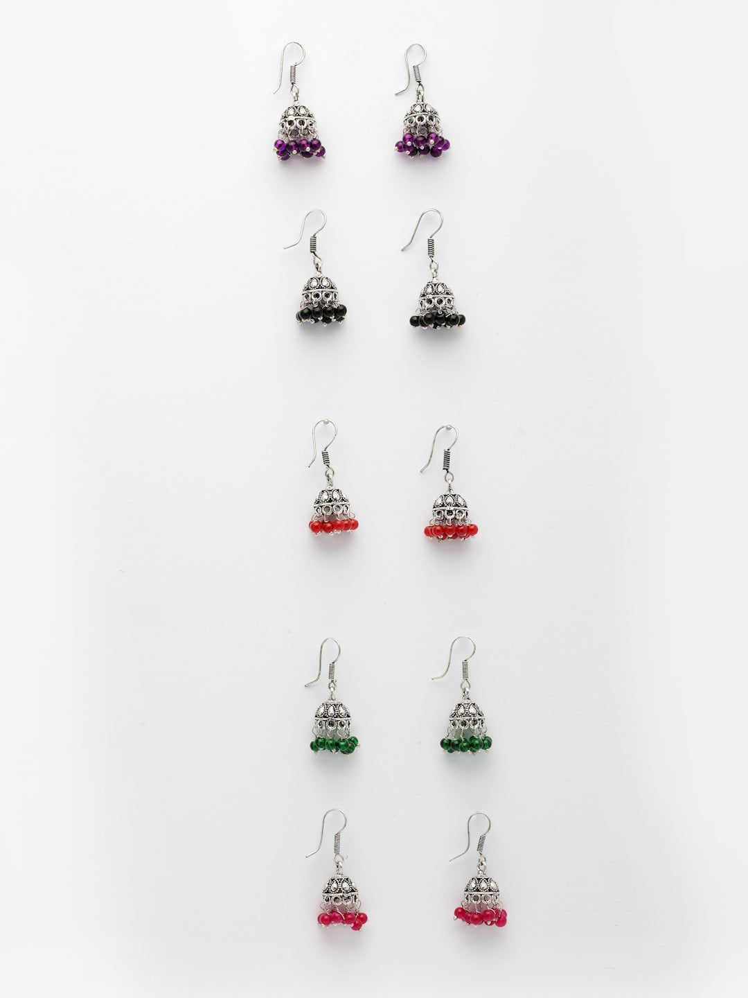 NVR Women Pair of 5 Oxidized Silver Plated Multicolor Artificial Beads Jhumka Earrings NR Retail-NVR
