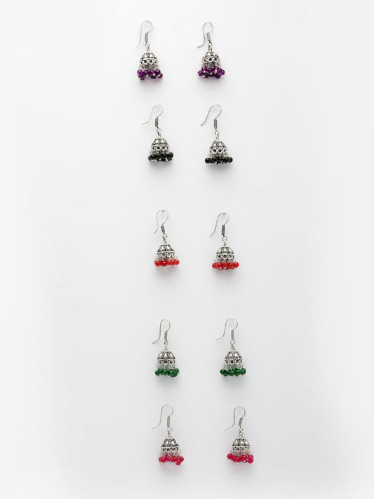 NVR Women Pair of 5 Oxidized Silver Plated Multicolor Artificial Beads Jhumka Earrings NR Retail-NVR