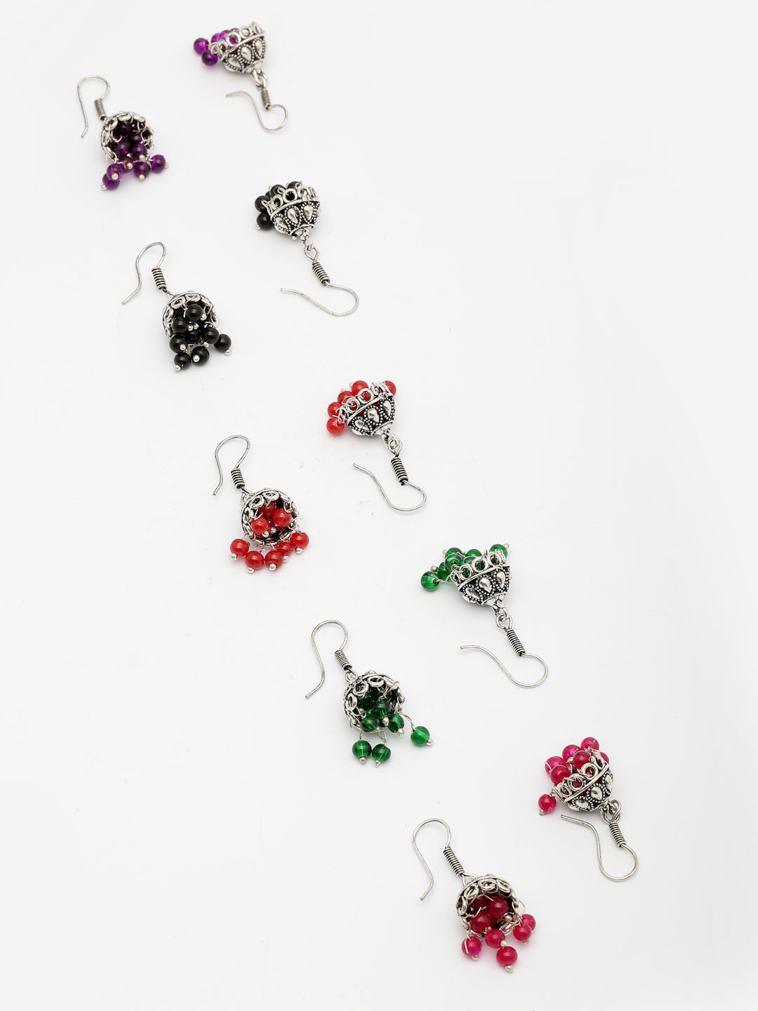 NVR Women Pair of 5 Oxidized Silver Plated Multicolor Artificial Beads Jhumka Earrings NR Retail-NVR