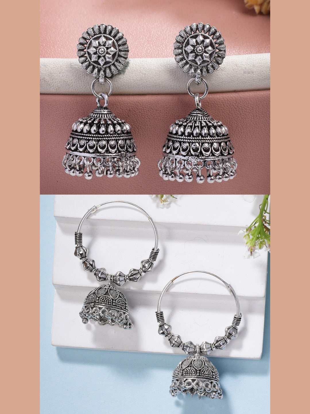 NVR Women Set of 2 Silver Plated Traditional Oxidized Jhumka Earrings NR Retail-NVR
