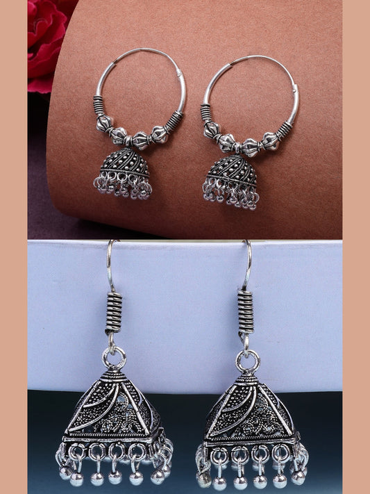 NVR Women's Set of 2 Ethnic Silver Plated Oxidized Circle Jhumka Earrings 