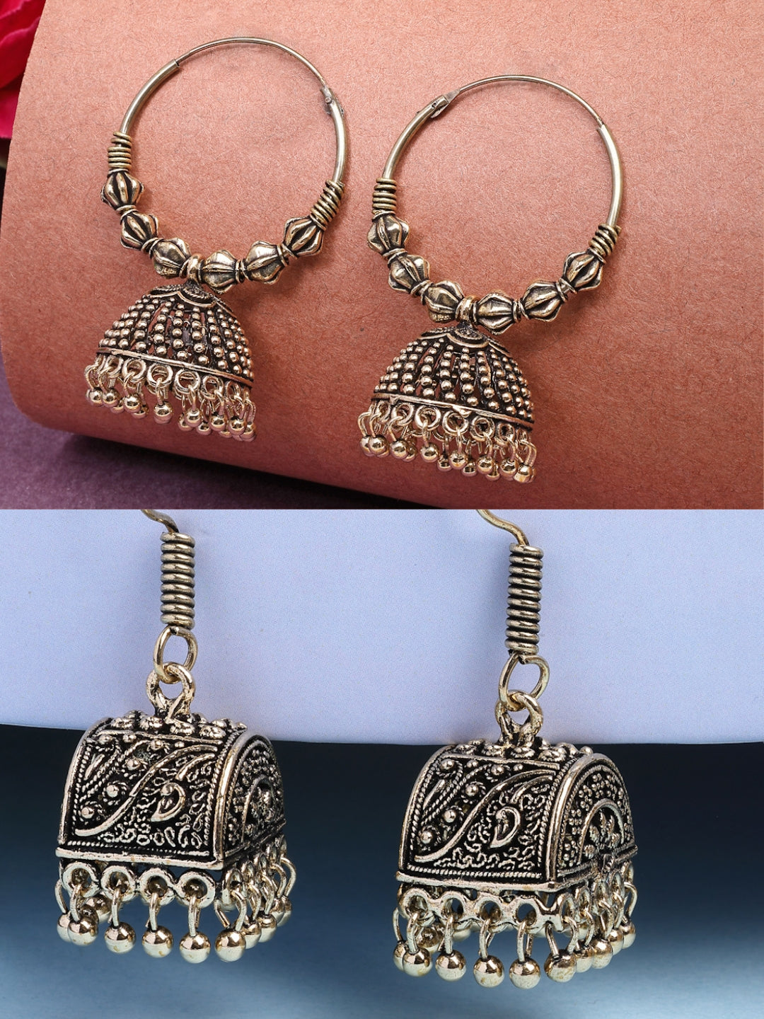 NVR Women Set of 2 Gold-Polished Oxidized Contemporary Jhumka Earrings NR Retail-NVR