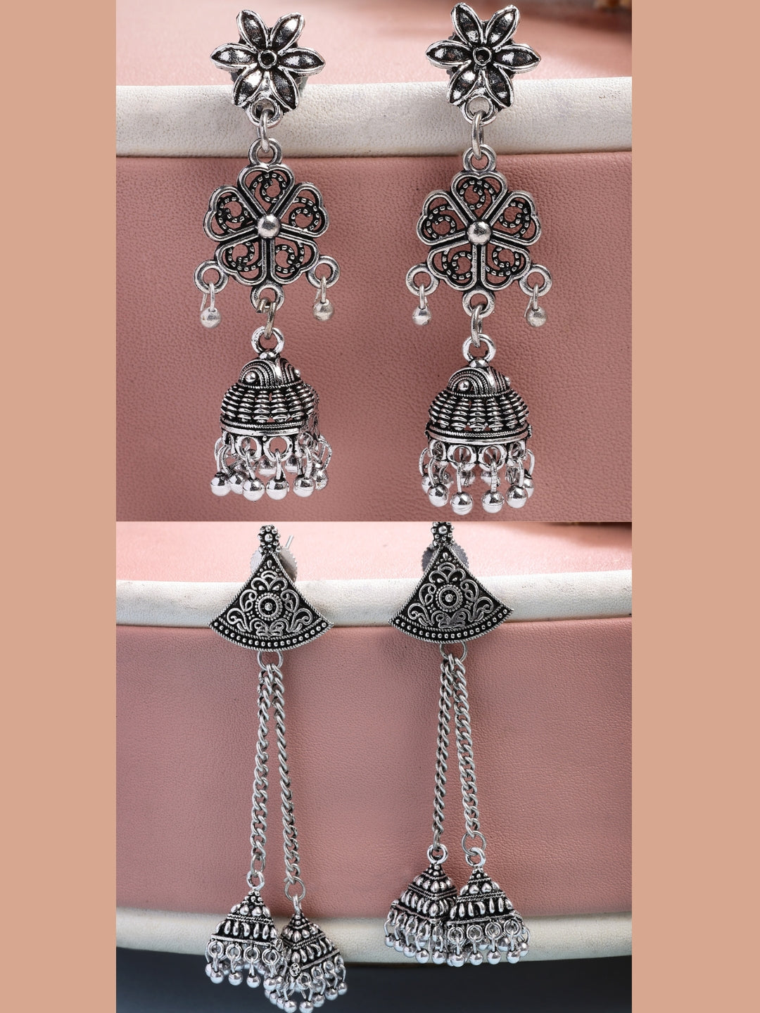 NVR Women Set of 2 Silver Toned Oxidized Jhumka Earrings NR Retail-NVR