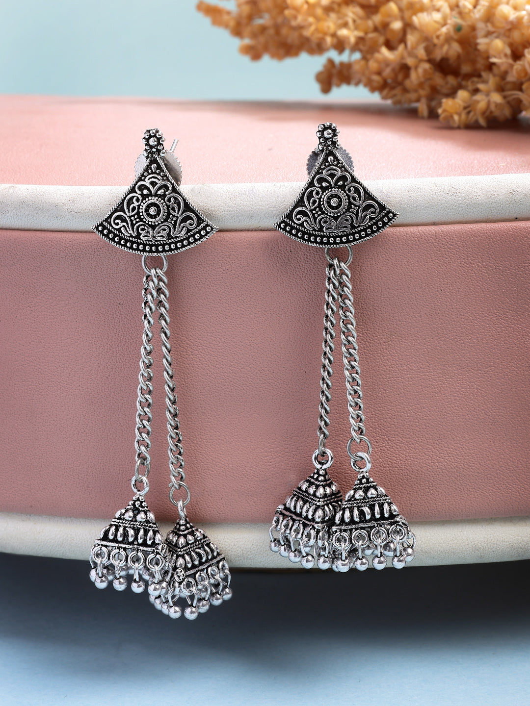 NVR Women Set of 2 Silver Toned Oxidized Jhumka Earrings NR Retail-NVR