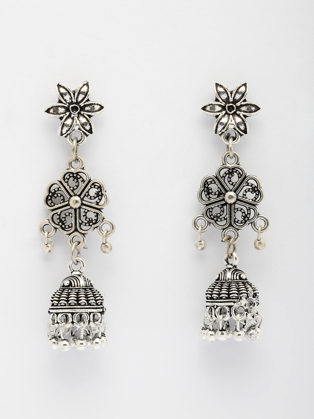 NVR Women Set of 2 Silver Toned Oxidized Jhumka Earrings NR Retail-NVR