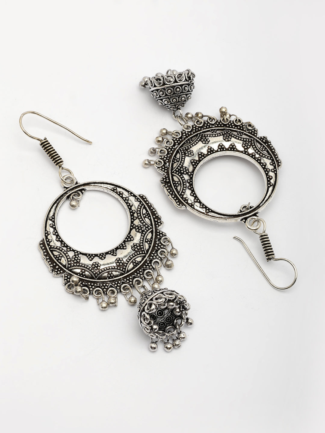 NVR Women's Set of 2 Silver Plated Oxidized Contemporary Jhumka Earrings NR Retail-NVR