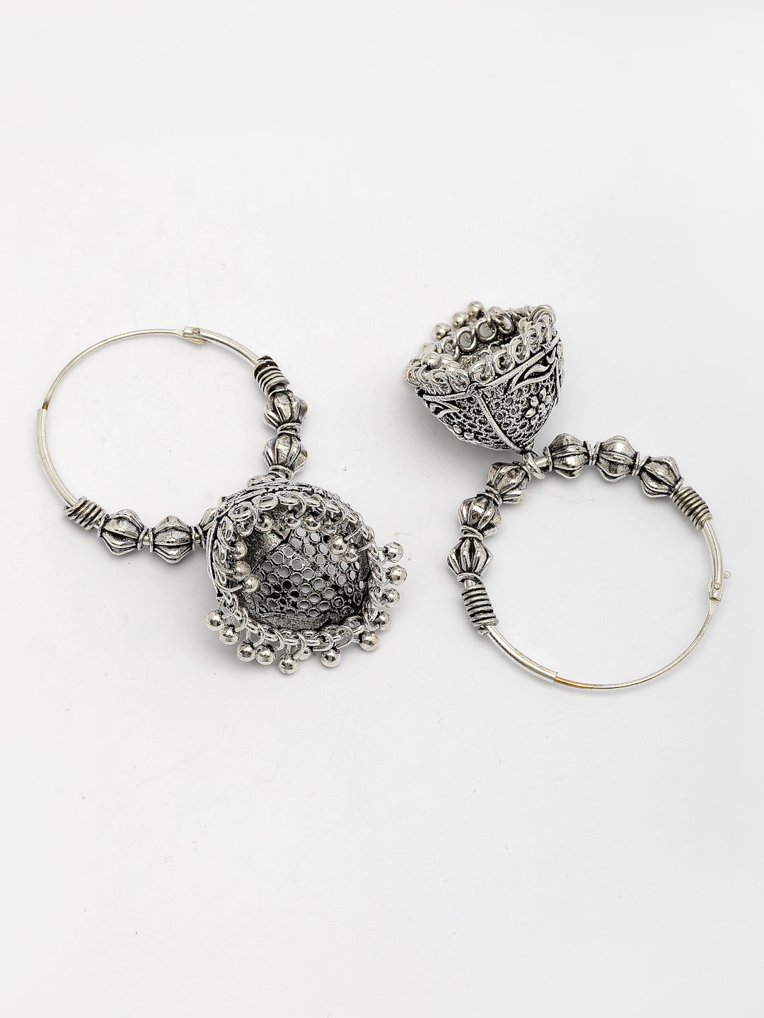 NVR Women's Set of 2 Silver Plated Oxidized Contemporary Jhumka Earrings NR Retail-NVR