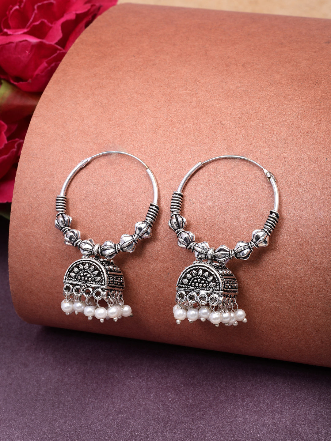 NVR Women Set of 2 Oxidized Silver Plated Artificial Beads Jhumka Earrings - Swadesiicart