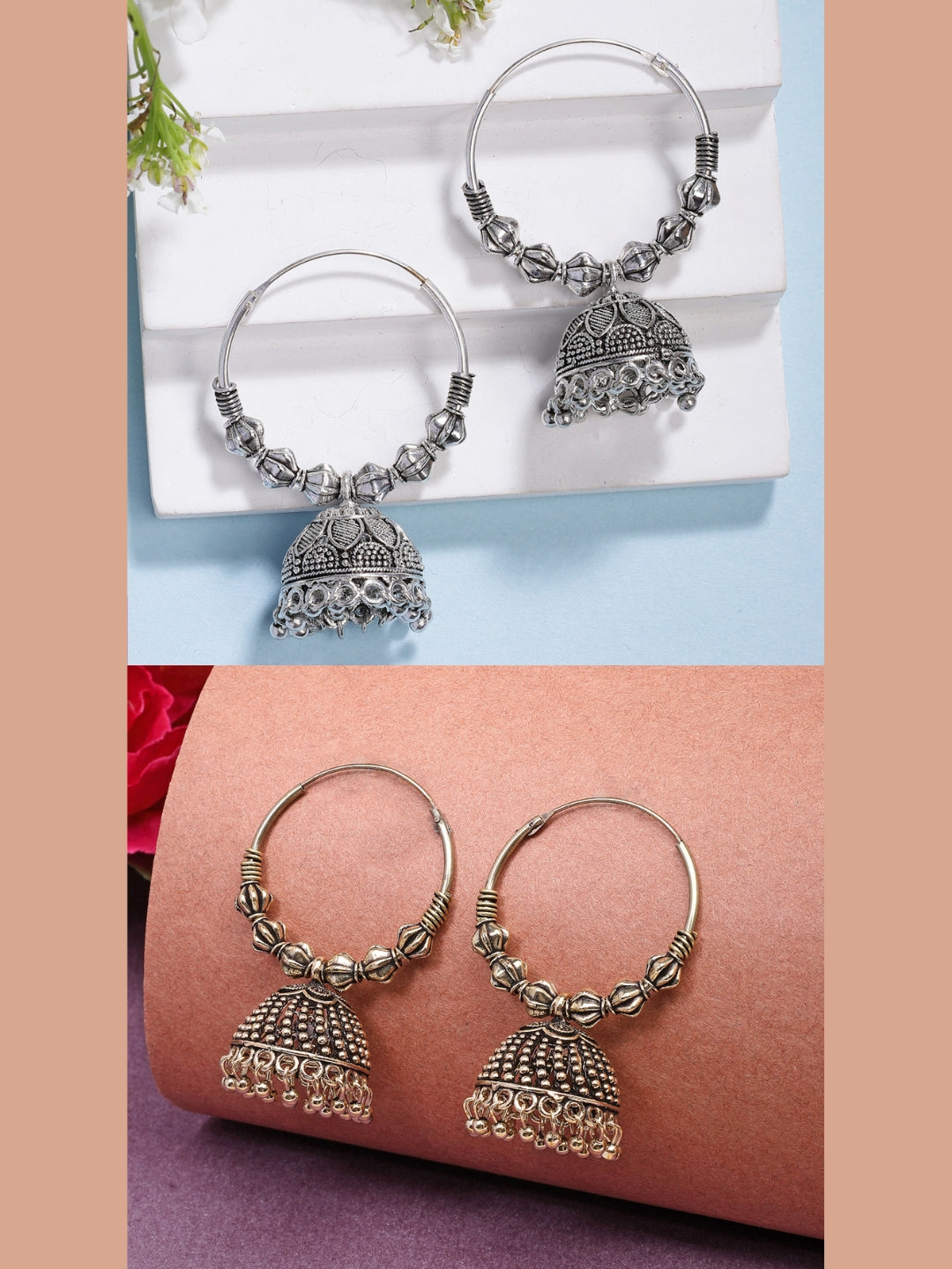 NVR Women's Handmade Set of 2 Oxidized Traditional Jhumka Earrings NR Retail-NVR