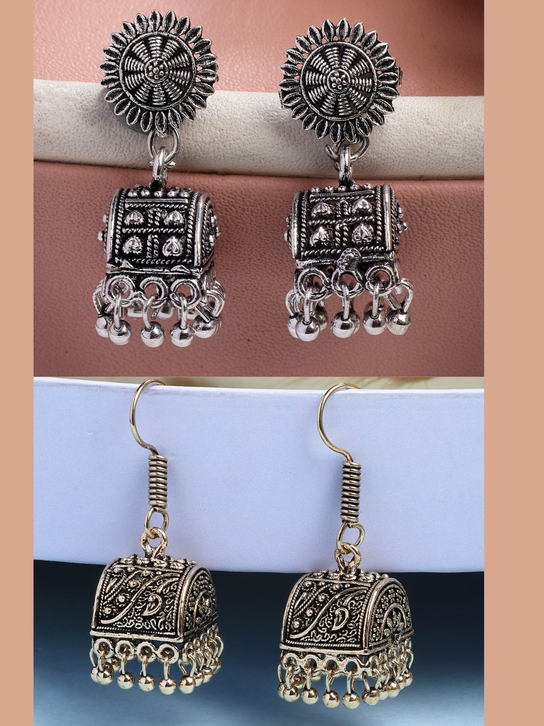 NVR Women Set of 2 Oxidized Contemporary Jhumka Earrings NR Retail-NVR