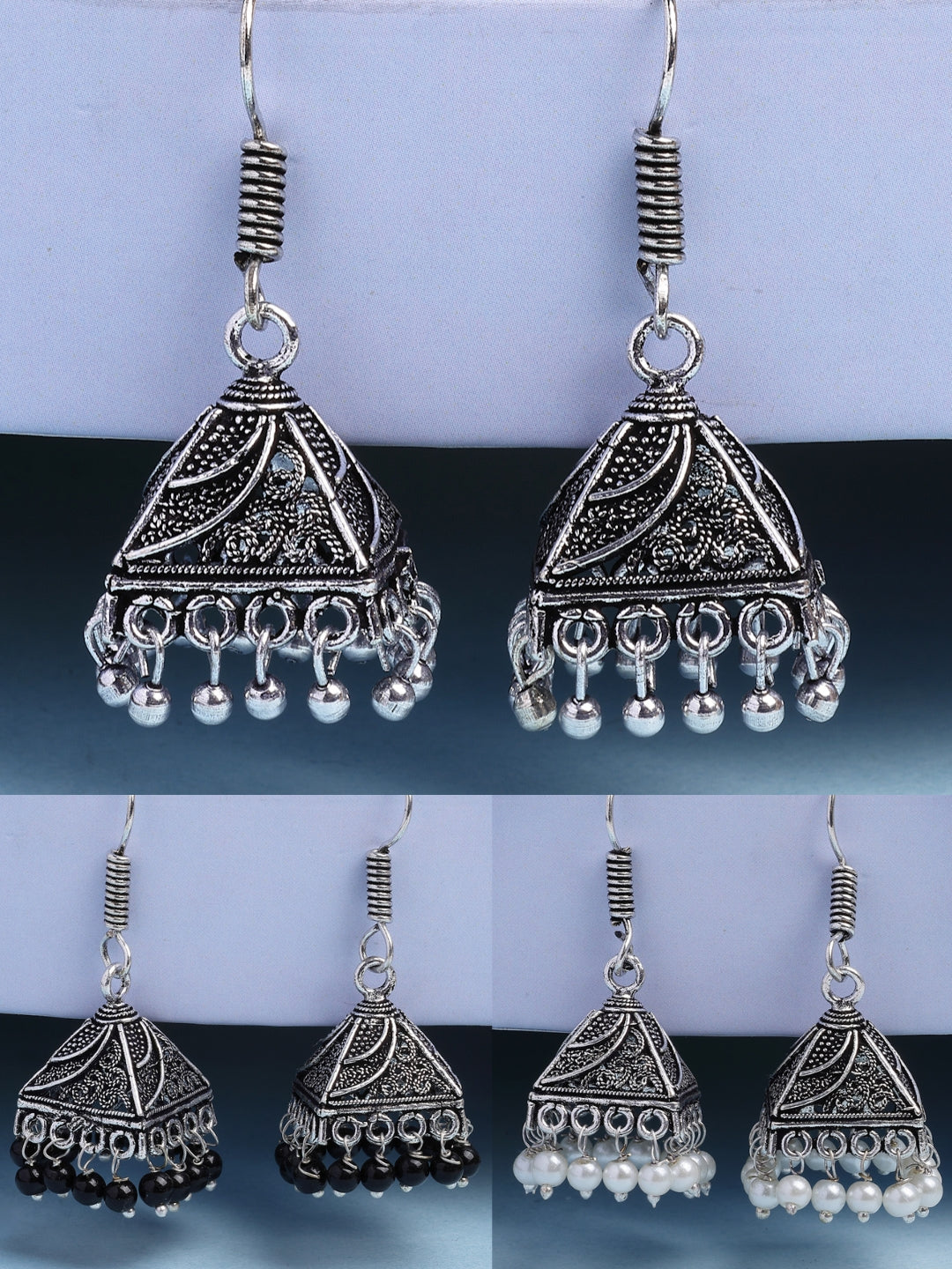 NVR Women's Set of 3 Oxidized Silver Plated Artificial Beads Jhumka Earrings 