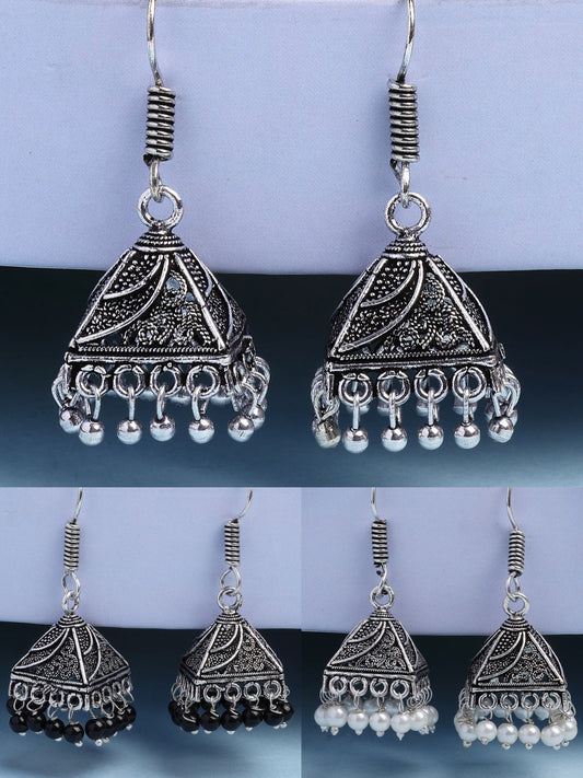 NVR Women's Set of 3 Oxidized Silver Plated Artificial Beads Jhumka Earrings 