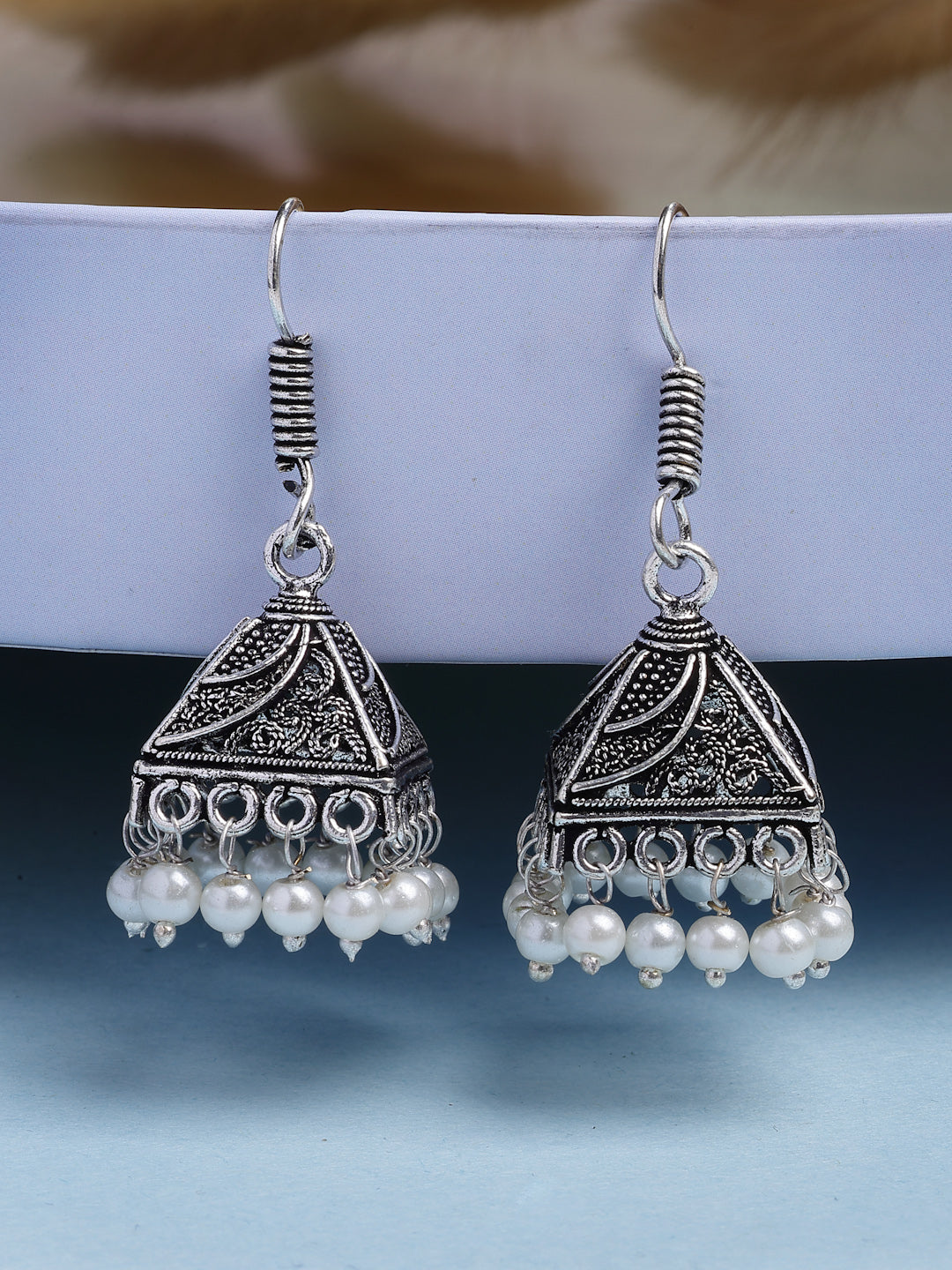 NVR Women's Set of 3 Oxidized Silver Plated Artificial Beads Jhumka Earrings 