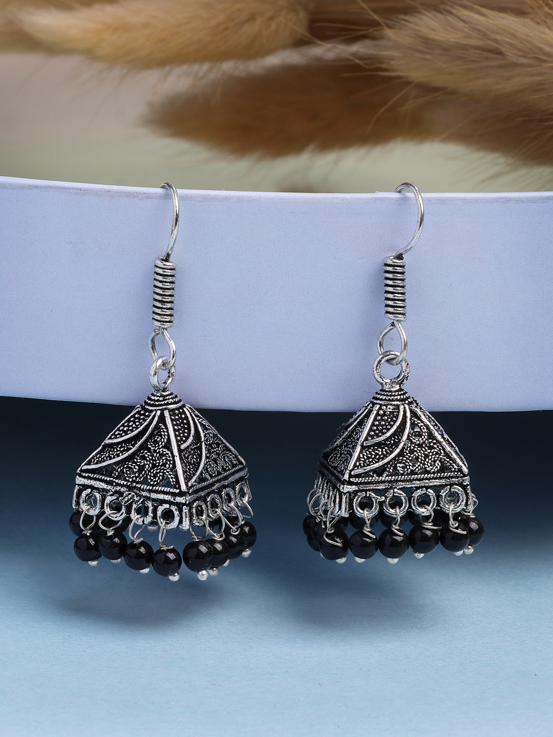 NVR Women's Set of 3 Oxidized Silver Plated Artificial Beads Jhumka Earrings 