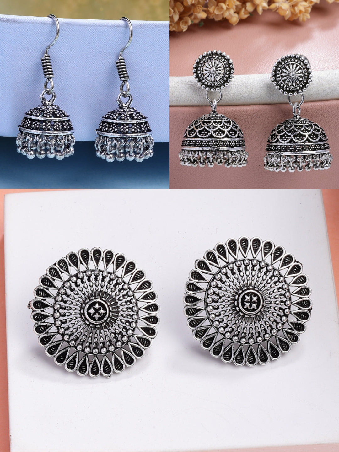 NVR Women Set of 3 Silver Plated Round Shape Oxidized Traditional Jhumka & Stud Earrings NR Retail-NVR