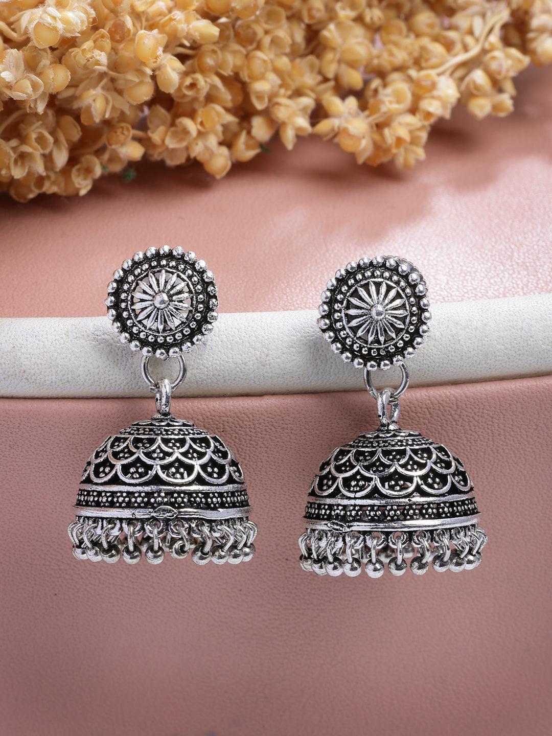 NVR Women Set of 3 Silver Plated Round Shape Oxidized Traditional Jhumka & Stud Earrings NR Retail-NVR
