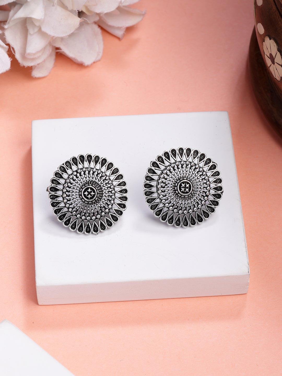 NVR Women Set of 3 Silver Plated Round Shape Oxidized Traditional Jhumka & Stud Earrings NR Retail-NVR