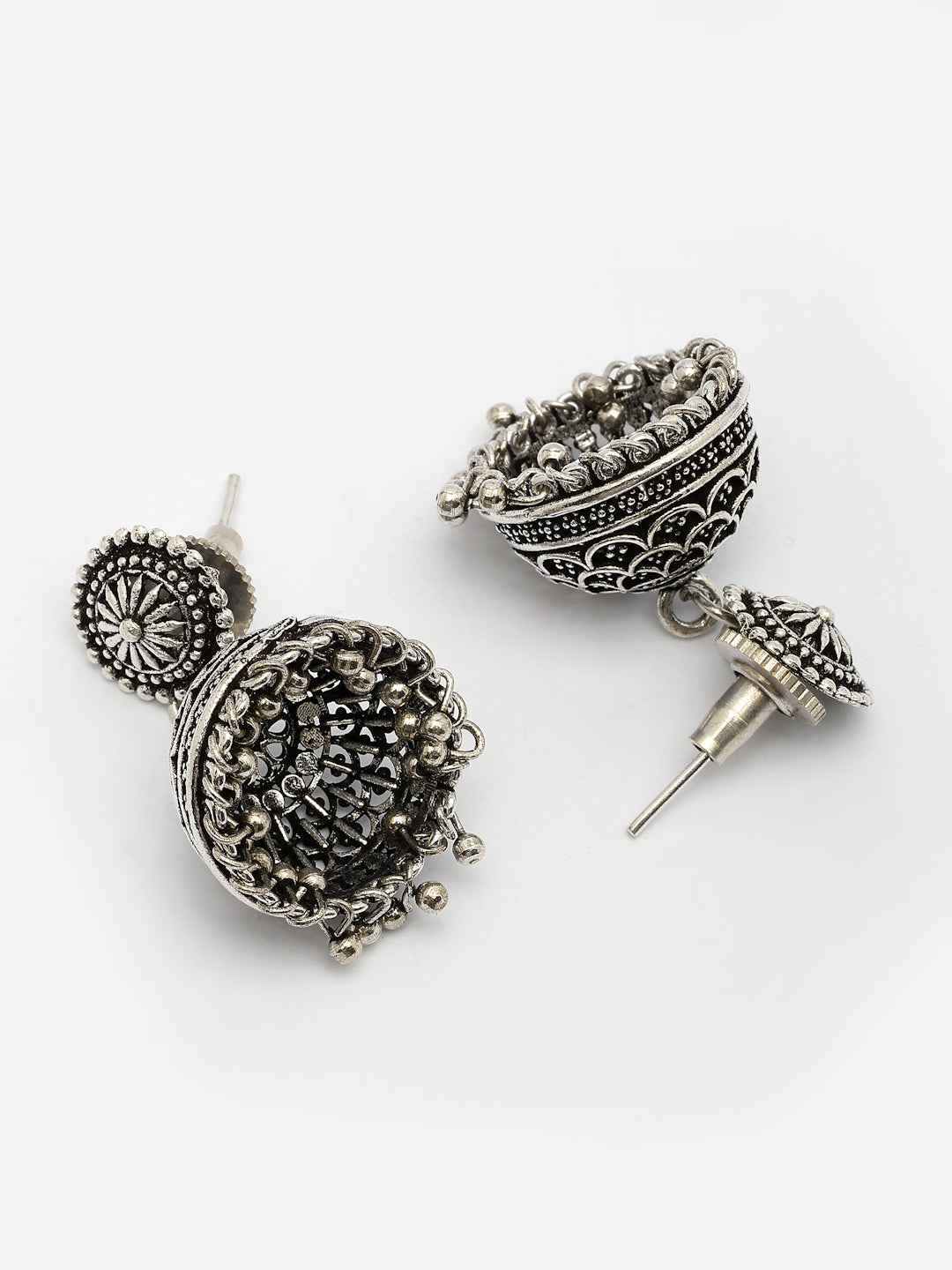 NVR Women Set of 3 Silver Plated Round Shape Oxidized Traditional Jhumka & Stud Earrings NR Retail-NVR