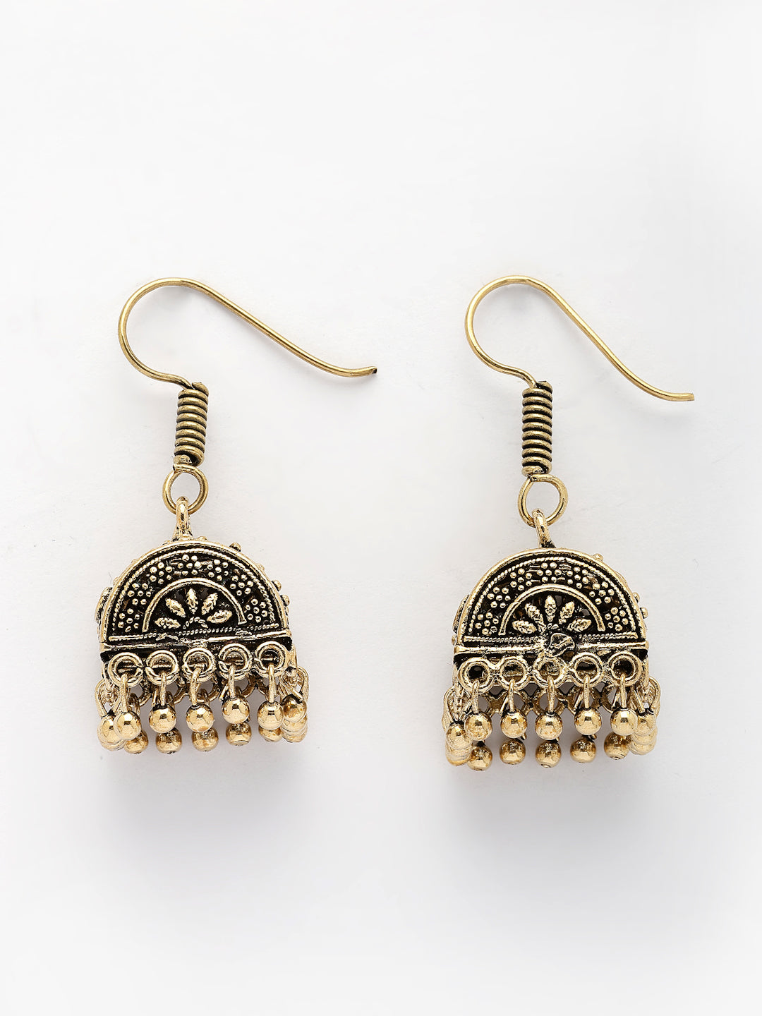 NVR Women Set of 3 Gold-Polished Oxidized Contemporary Jhumka Earrings 