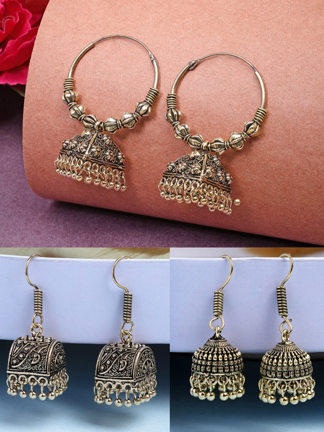 NVR Women Set of 3 Gold-Polished Oxidized Contemporary Jhumka Earrings 