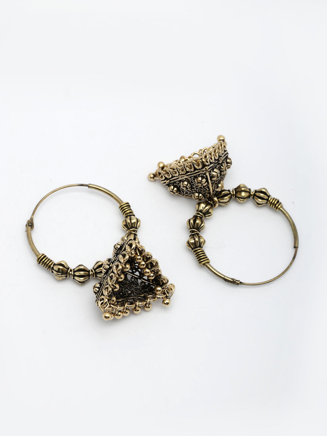 NVR Women Set of 3 Gold-Polished Oxidized Contemporary Jhumka Earrings 