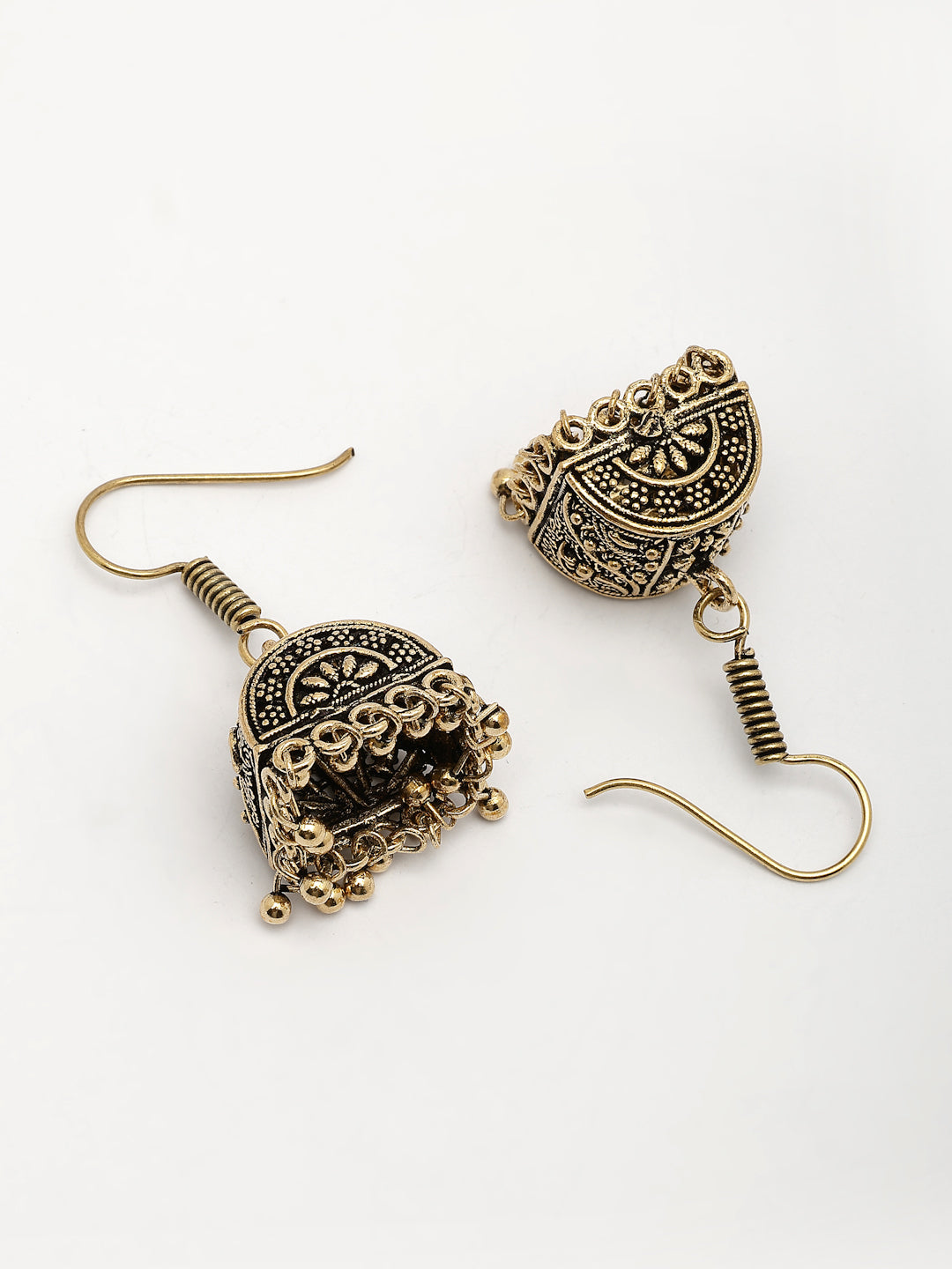 NVR Women Set of 3 Gold-Polished Oxidized Contemporary Jhumka Earrings 