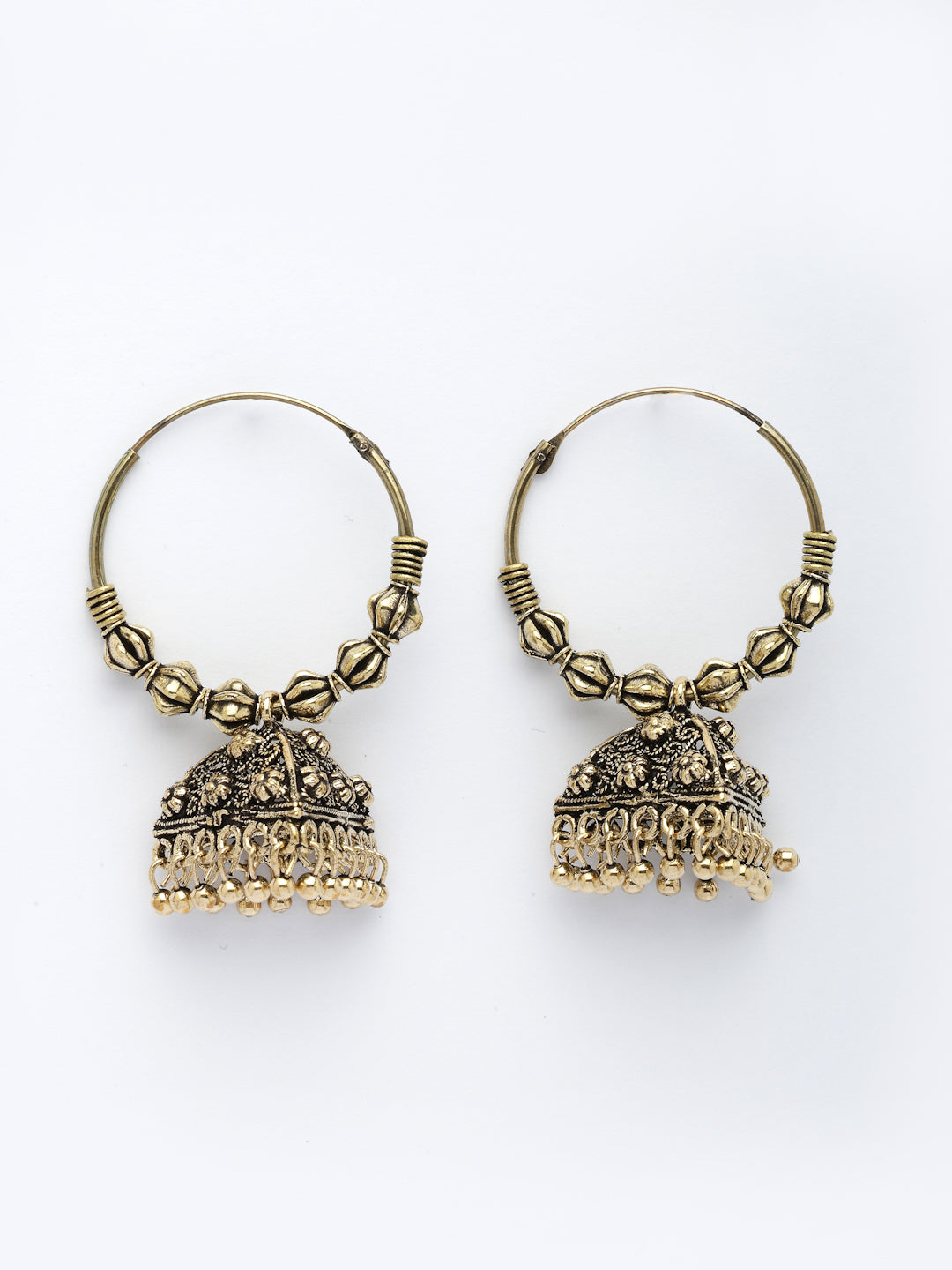 NVR Women Set of 3 Gold-Polished Oxidized Contemporary Jhumka Earrings 