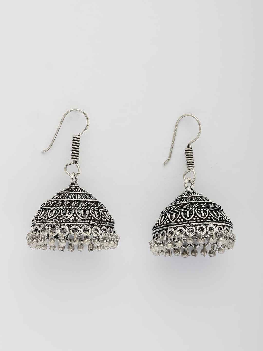 NVR Women's Set of 3 Traditional Silver Plated Oxidized Jhumka Earrings 