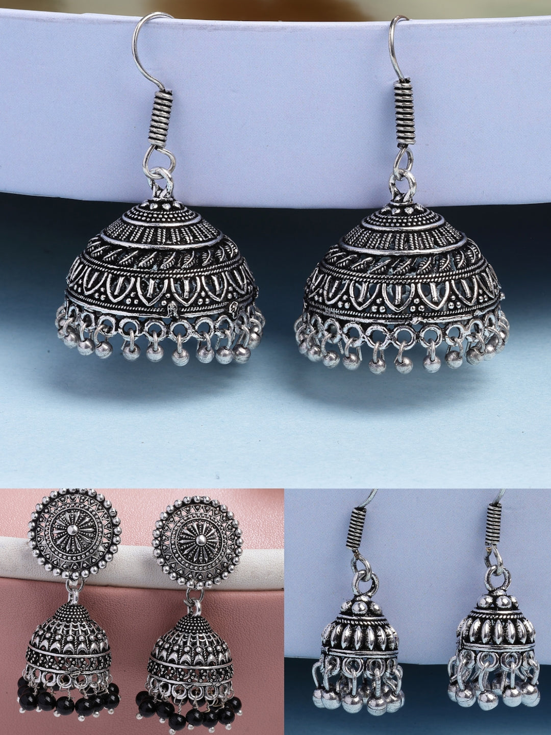 NVR Women's Set of 3 Traditional Silver Plated Oxidized Jhumka Earrings 
