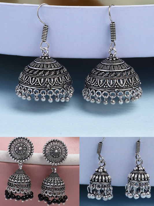 NVR Women's Set of 3 Traditional Silver Plated Oxidized Jhumka Earrings 
