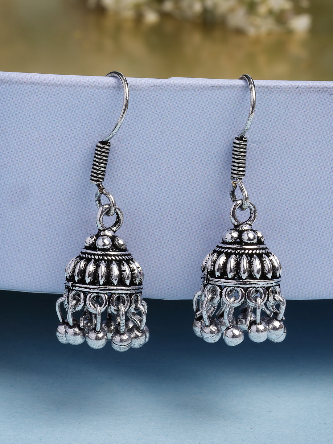 NVR Women's Set of 3 Traditional Silver Plated Oxidized Jhumka Earrings 
