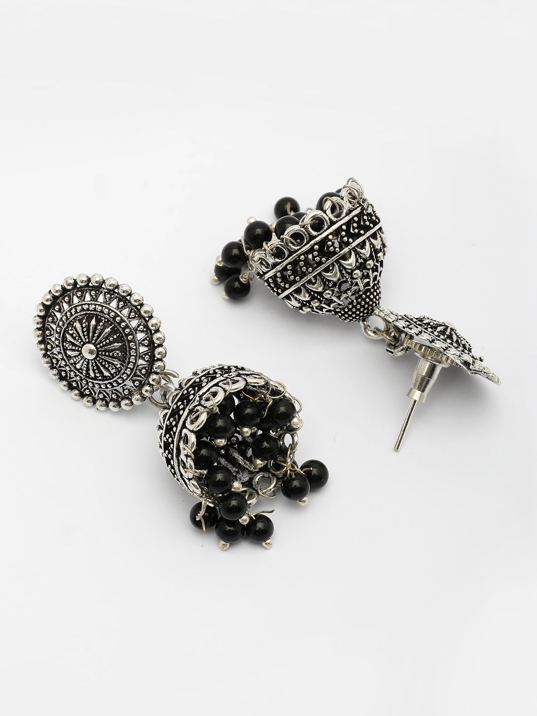 NVR Women's Set of 3 Traditional Silver Plated Oxidized Jhumka Earrings 