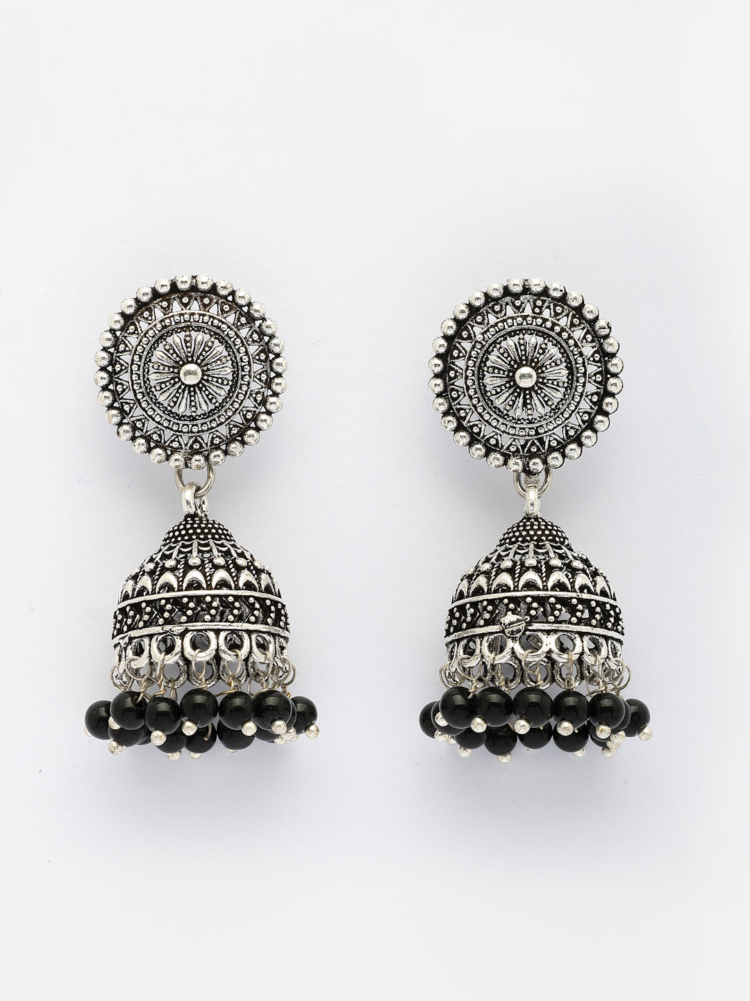 NVR Women's Set of 3 Traditional Silver Plated Oxidized Jhumka Earrings 