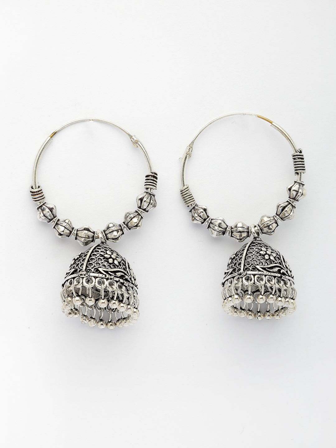 NVR Women's Set of 3 Silver Plated Oxidized Contemporary Jhumka Earrings 