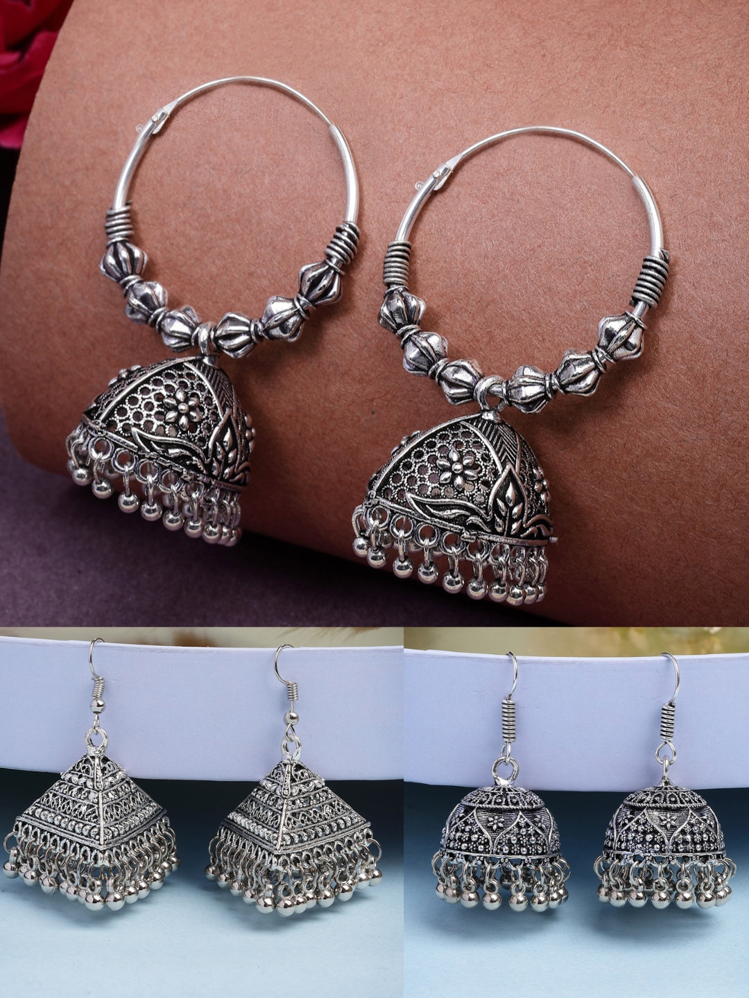 NVR Women's Set of 3 Silver Plated Oxidized Contemporary Jhumka Earrings 