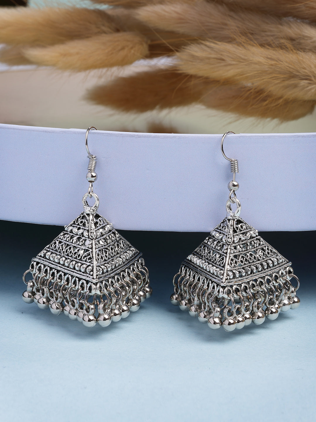 NVR Women's Set of 3 Silver Plated Oxidized Contemporary Jhumka Earrings 