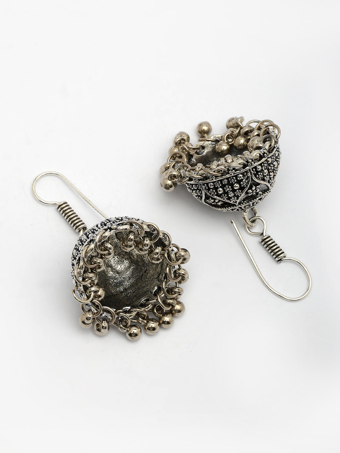 NVR Women's Set of 3 Silver Plated Oxidized Contemporary Jhumka Earrings 