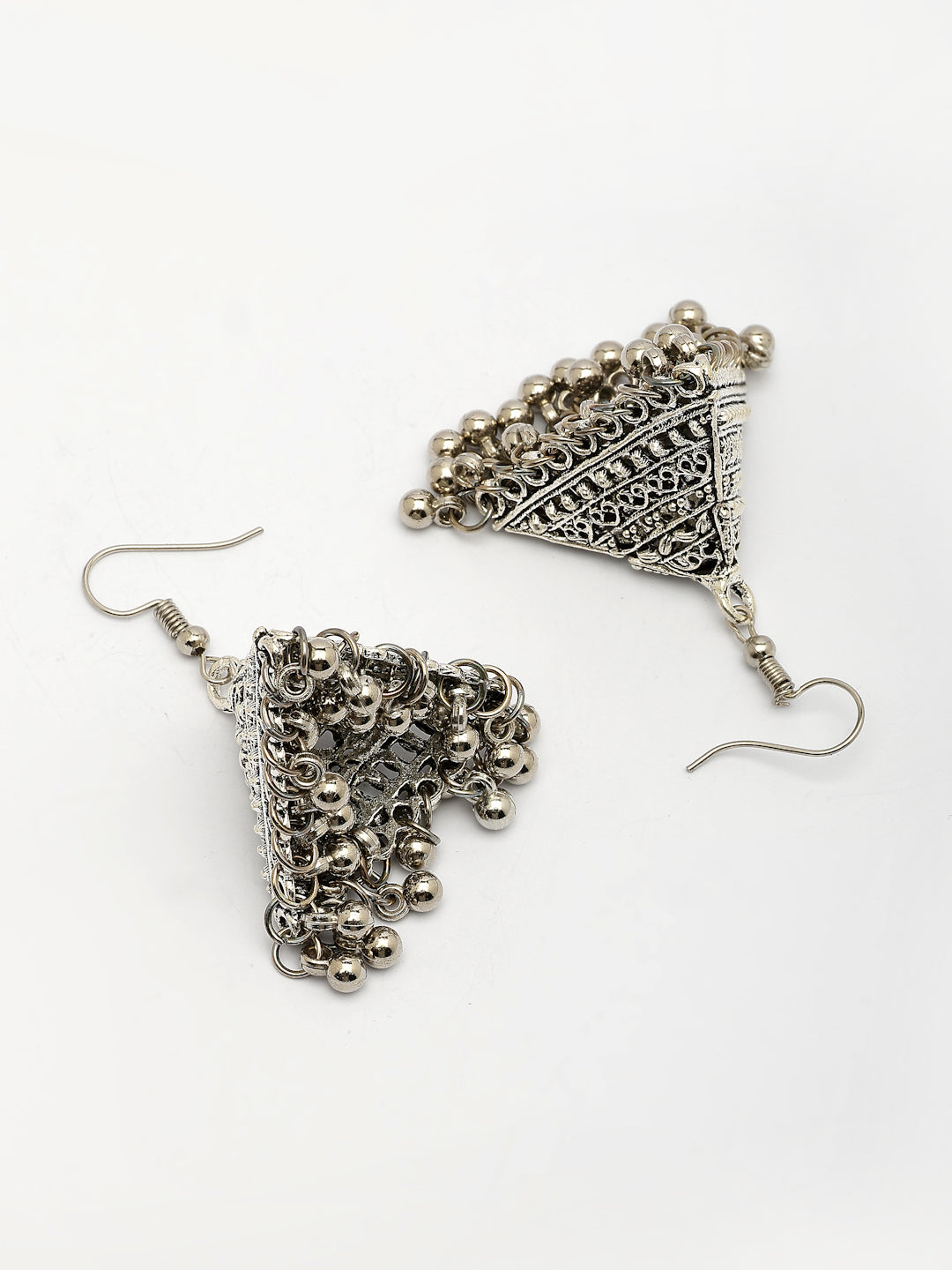 NVR Women's Set of 3 Silver Plated Oxidized Contemporary Jhumka Earrings 