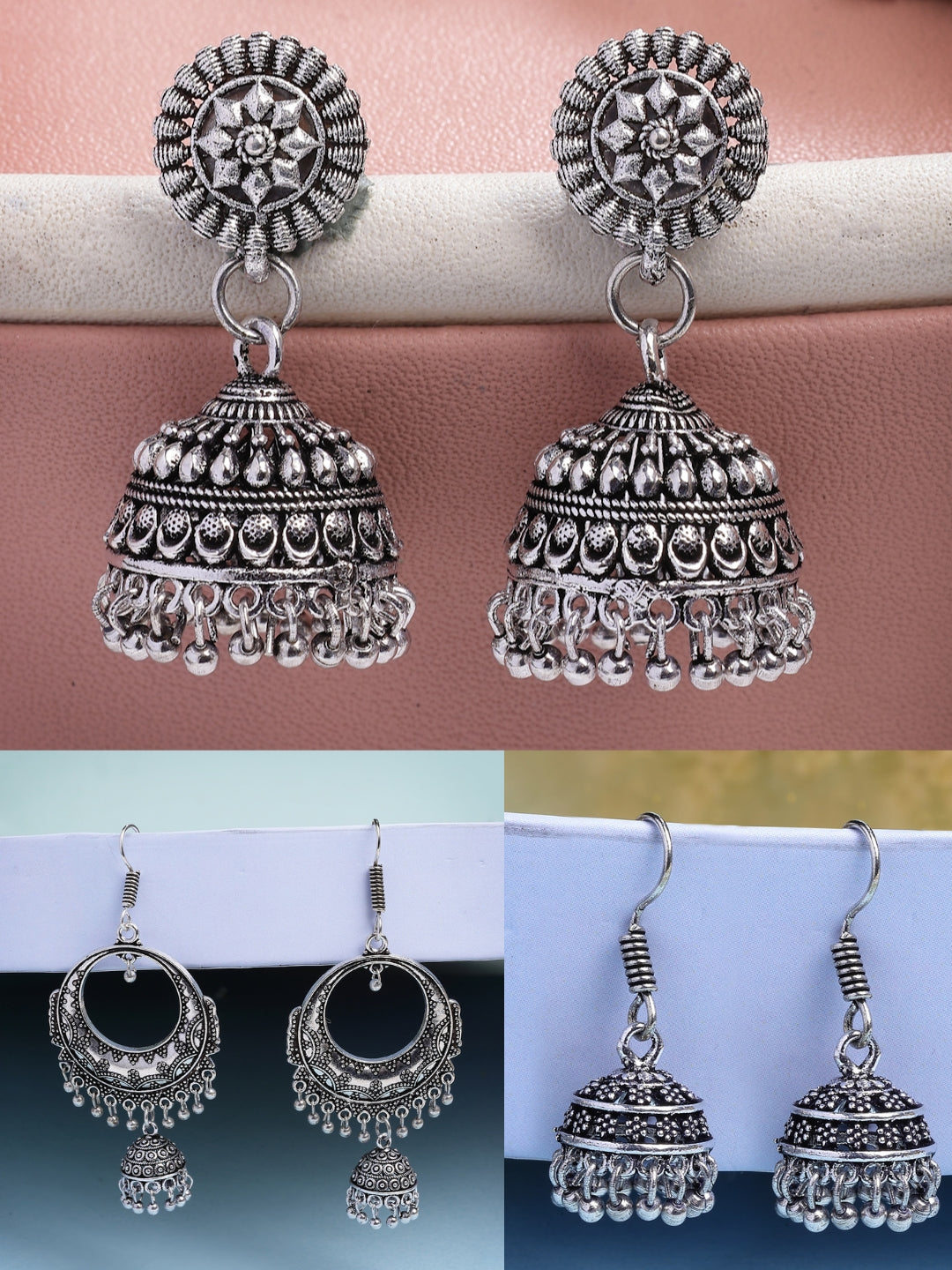 NVR Women Set of 3 Silver Plated Oxidized Traditional Jhumka Earrings NR Retail-NVR