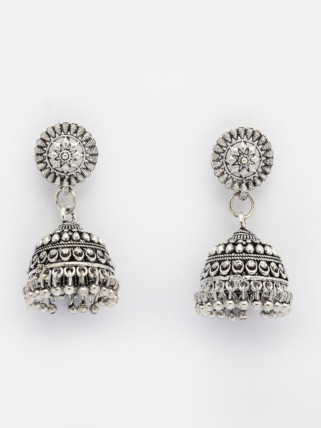 NVR Women Set of 3 Silver Plated Oxidized Traditional Jhumka Earrings