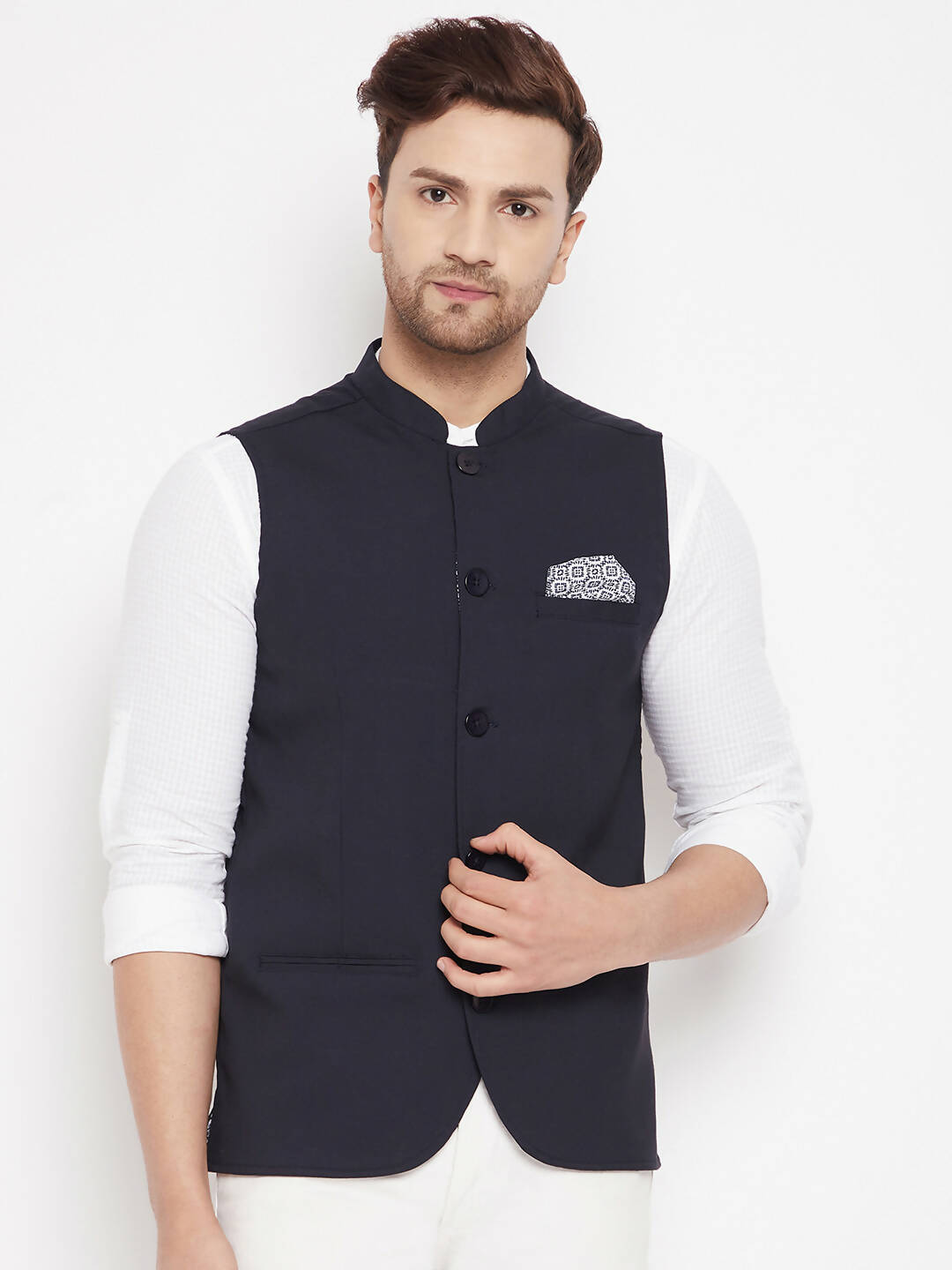Even Apparels Navy Merino Men's Nehru Jacket-Contrast Lining-Inbuilt Pocket Square 