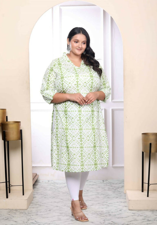 Miravan Women's Plus Size White And Green Tie Dye Cotton Kurti 