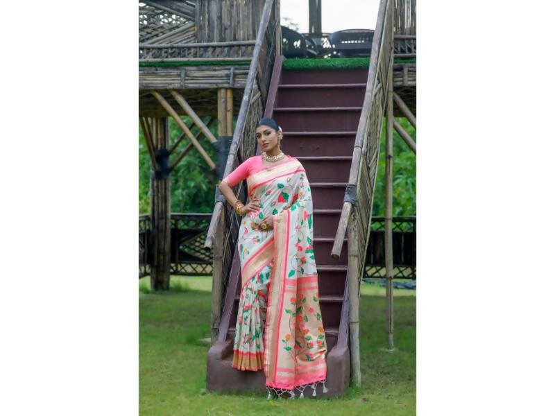 Aastha Fashion Women's White Banarasi Silk Meenakari Zari Woven Saree with Blouse - Grab2buy