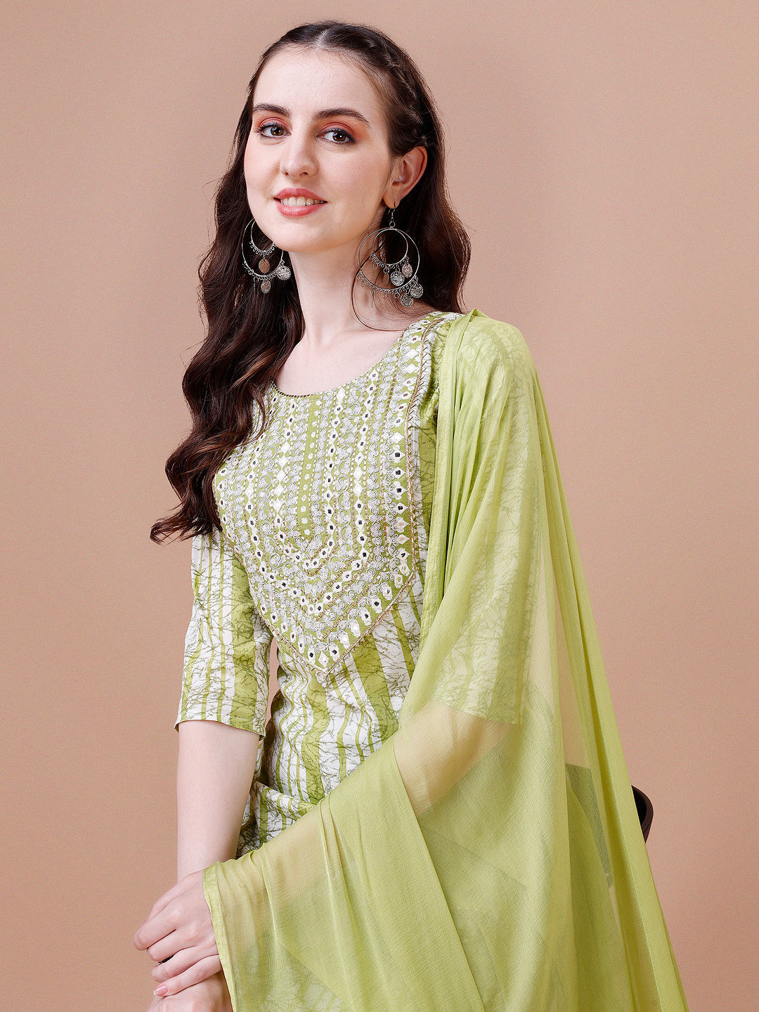 Mirror Embroidered & Striped Printed Cotton Kurta With Pant & Dupatta Set, Multicolor - Hiral Fashion