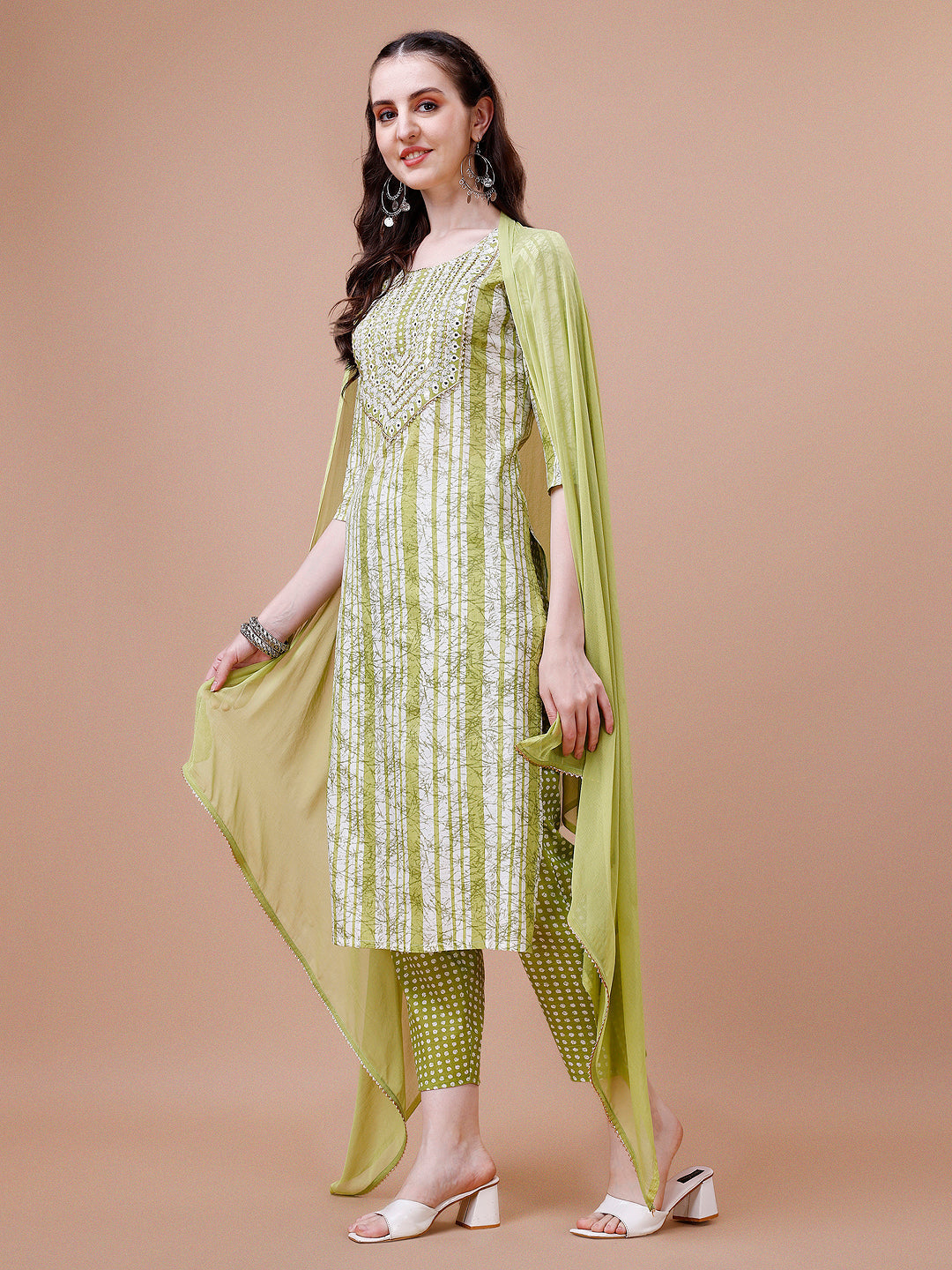 Mirror Embroidered & Striped Printed Cotton Kurta With Pant & Dupatta Set, Multicolor - Hiral Fashion