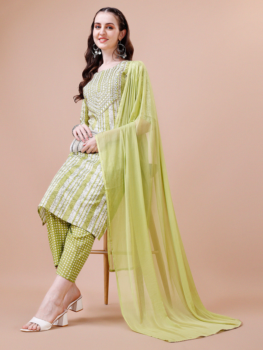 Mirror Embroidered & Striped Printed Cotton Kurta With Pant & Dupatta Set, Multicolor - Hiral Fashion